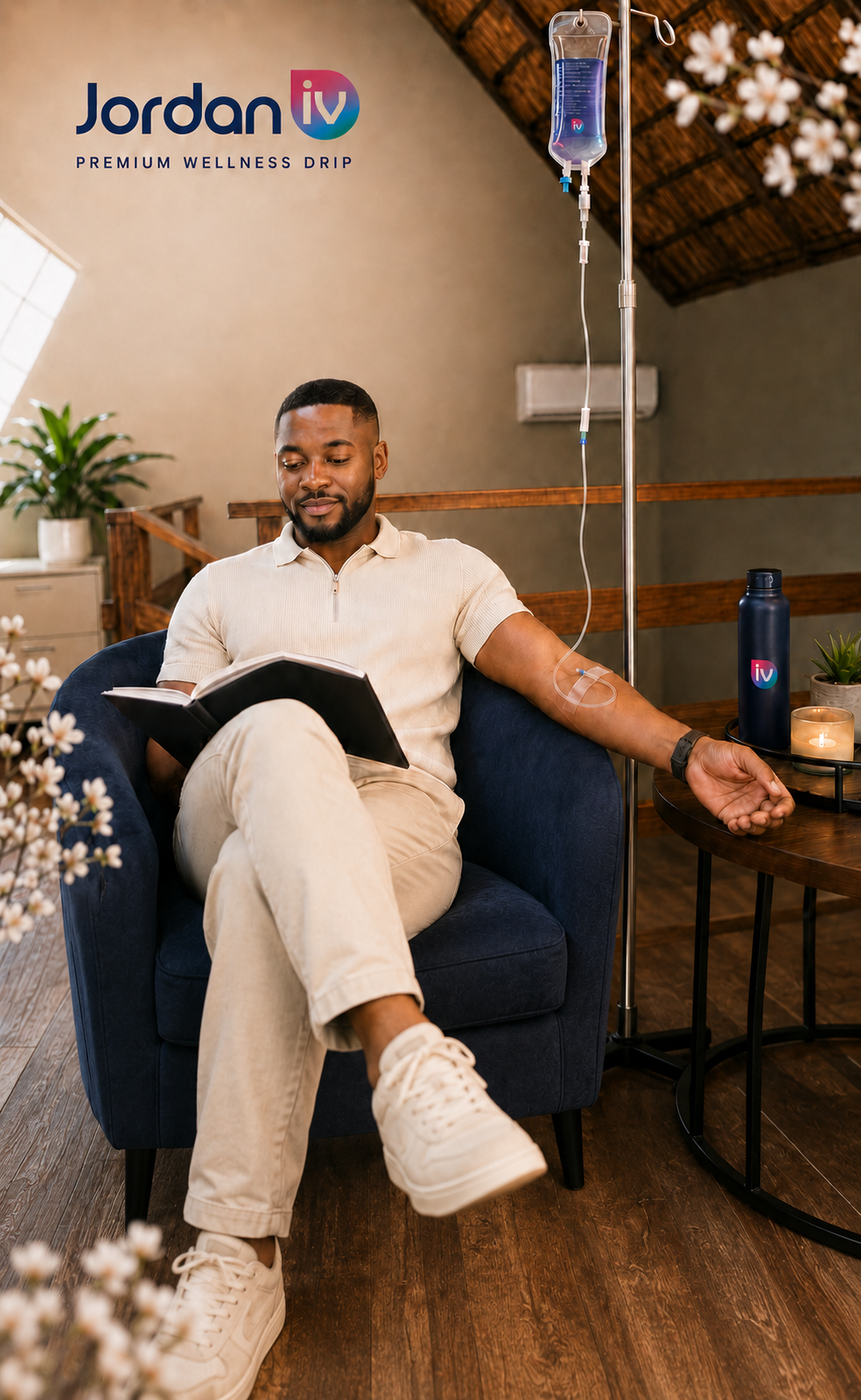A client relaxing with a book during a Jordan iV wellness drip session