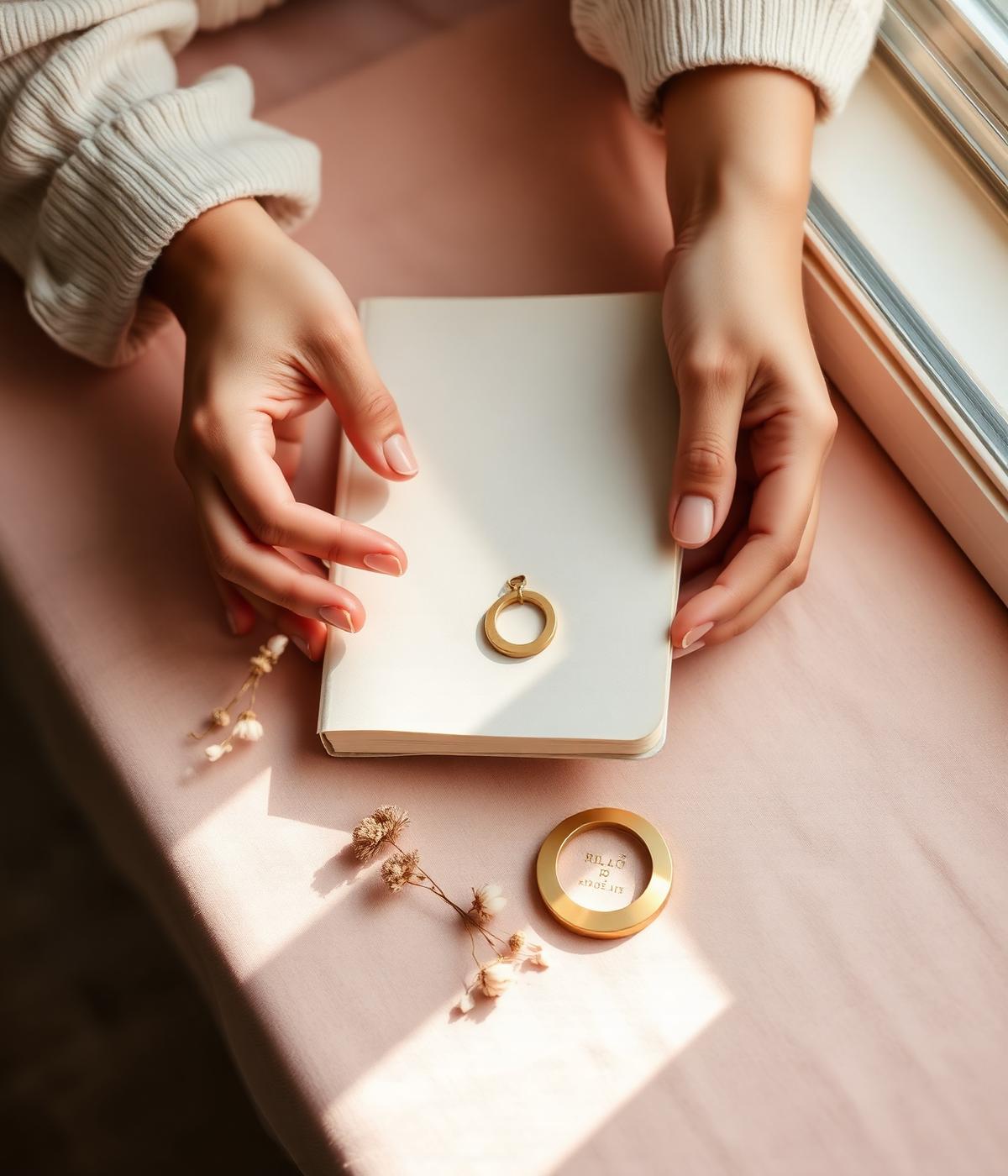 Hands resting on a journal beside dried flowers in soft window light